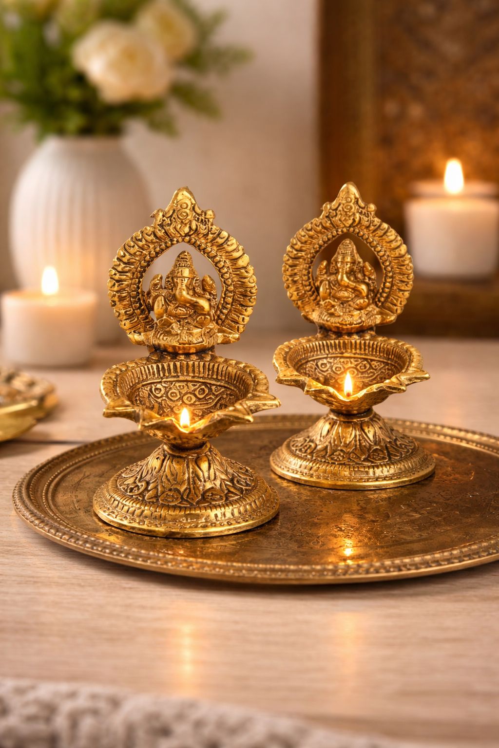 Traditional Brass Ganesha Diya Oil Lamp Decorative Statue (Set of 2)