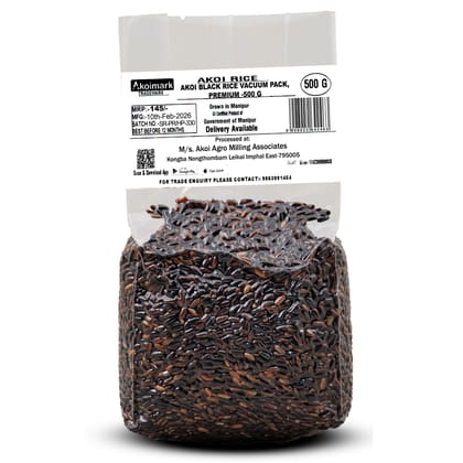 Akoi Black Rice (Chak-hao) Premium (500 g) | Vacuum Pack | Export Quality || Aromatic Black Rice || GI Tag Rice of Manipur || Gluten Free Rice |