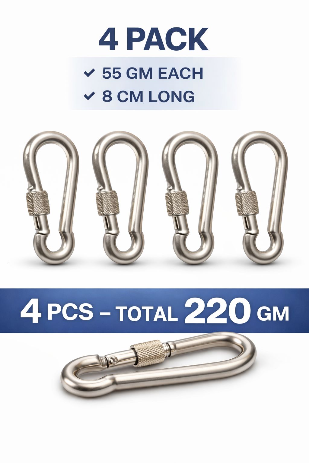 Carabiner Hook, Karabiner Clip, Locking Hook Clip, Keychain Clip Hook, Metal Spring Hook  110gm 4pieces 