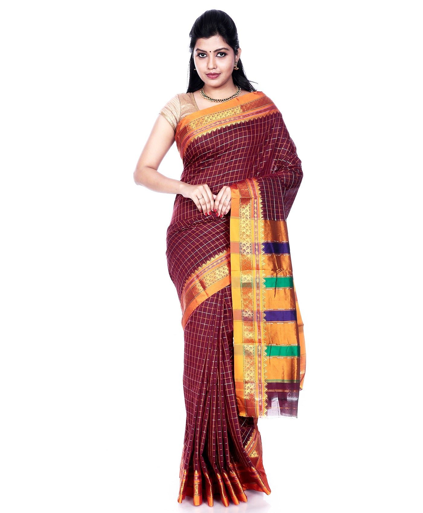Dark Red Cotton Ilkal Saree with Checks design