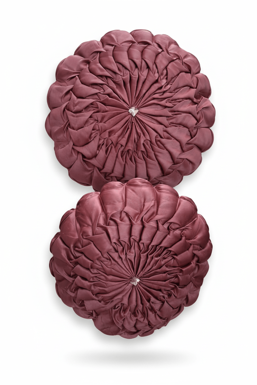 Round Pleated Decorative Throw Pillows Set with Crystal Button