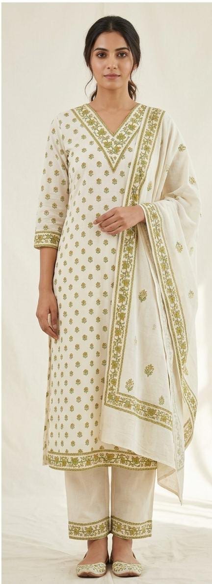 Women Beige and Olive Green Floral Printed Cotton Kurta Set with Dupatta