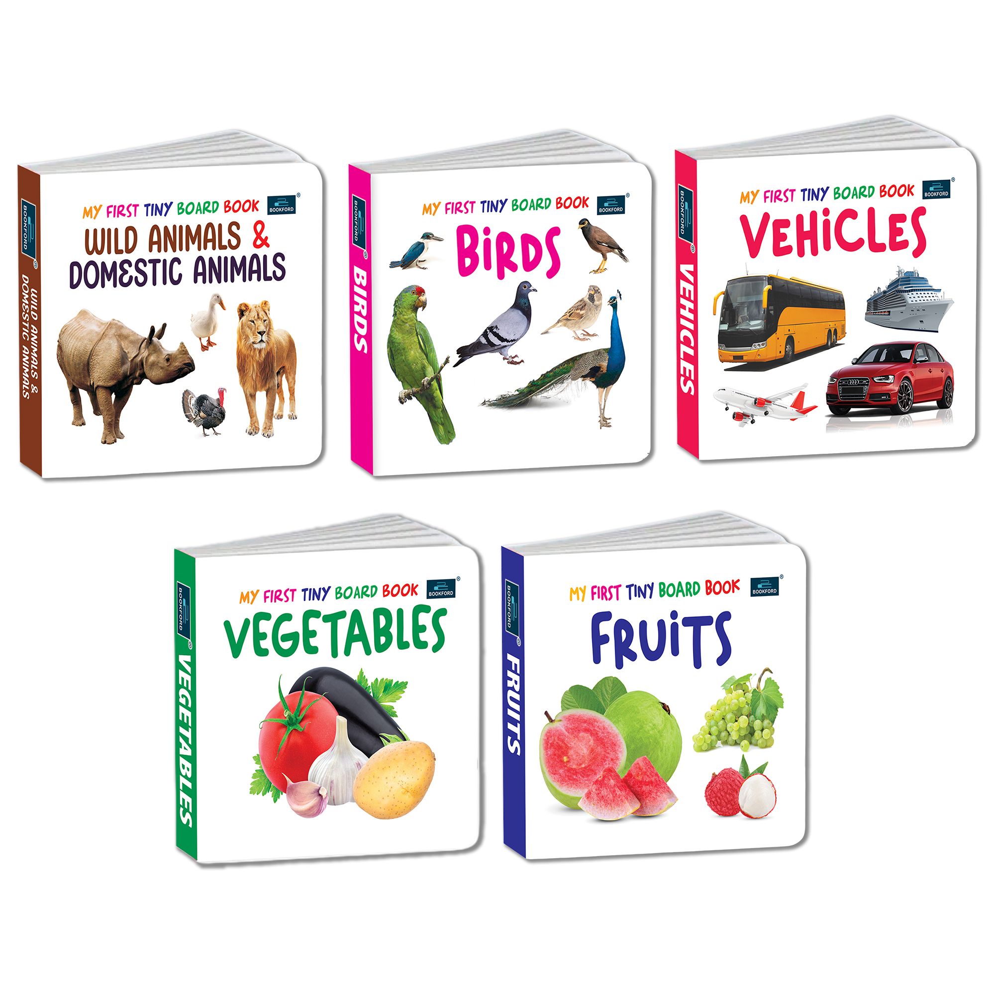 My First Tiny Board Books - Set Of 5 Books - Fruits , Vegetables , Birds , Wild Animals & Domestic Animals , Vehicles For Kids Hardcover