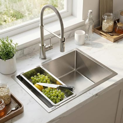 Aqua 304 Handmade (22x 18 x 09 ) Inch SS  Square Coupling Single Bowl Silver Kitchen Sink