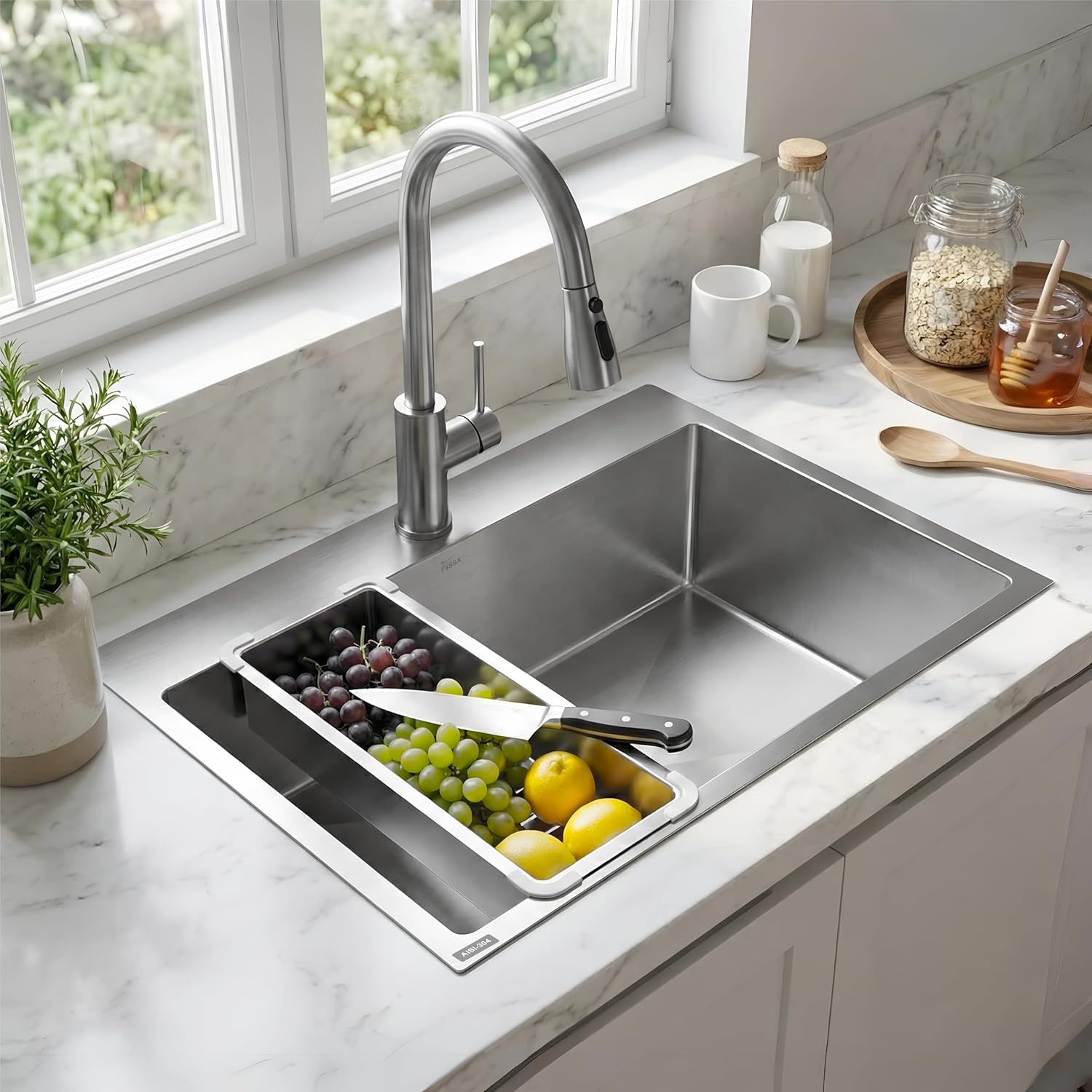 Aqua 304 Handmade  (24 x 18 x 09 ) Inch SS Single Bowl Bowl Tap Hole Square Coupling Silver Kitchen Sink