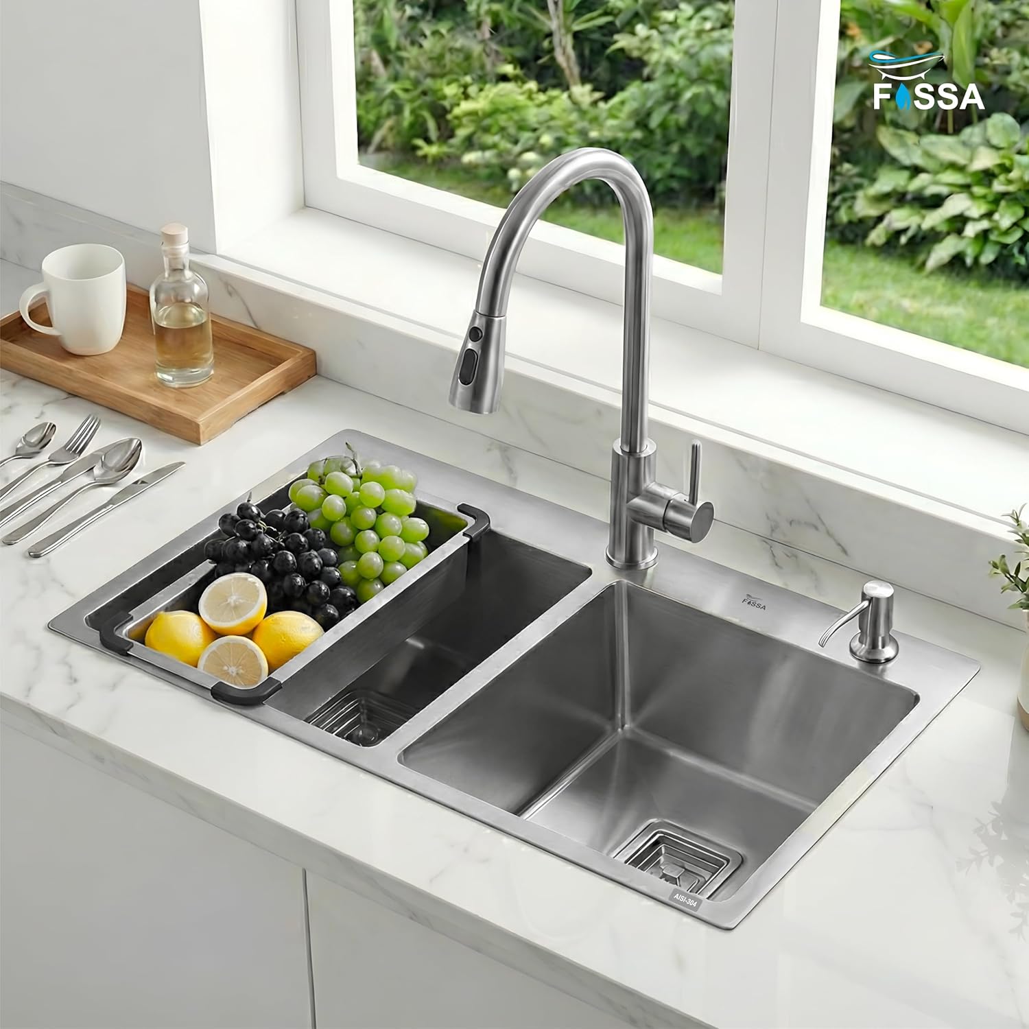 Aqua 304 Handmade (37 x 18 x 09 ) Inch SS Double Bowl Tap Hole Square Coupling Silver Kitchen Sink