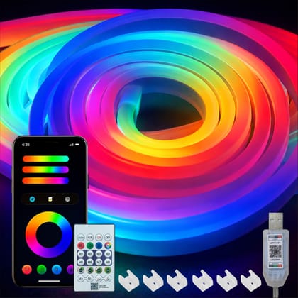 5 Meter Smart RGBIC Neon LED Strip Light with App & Remote, Music Sync Rope Light, 16M+ Colors, RGBIC Strip Lights for Room, Gaming, TV Backlight, Party, Home Decoration, Diwali Decor