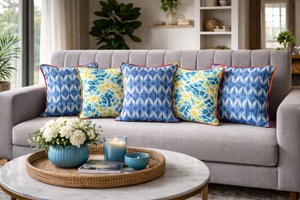 Artisanal Cushion Cover Combo Set of 5 | Blue And Neyon | cotton | 16" X 16"