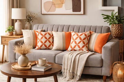 Contemporary Cushion Cover Combo Set of 5 | Orange And Multi | Cotton Duck and Cotton Linen  | 16" X 16"