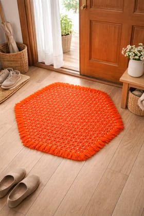 Handmade Orange Hexagonal Knitted Decorative Floor Mat with Fringe