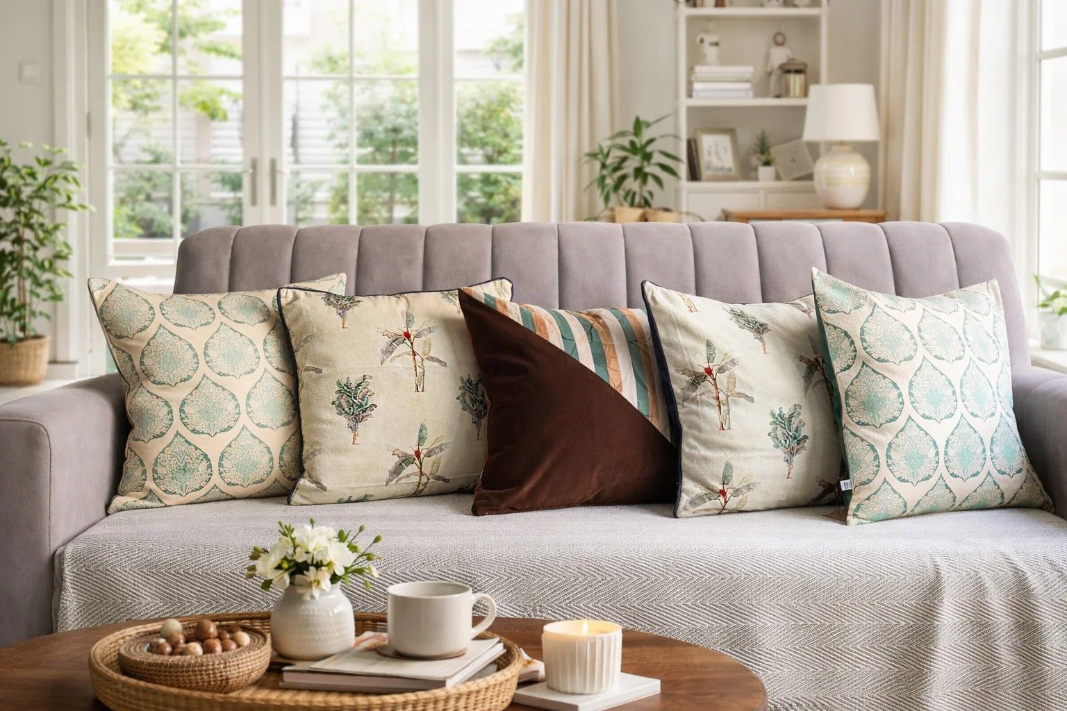 Contemporary Cushion Cover Combo Set of 5 | Brown Green And Multi | velvet | 16" X 16"