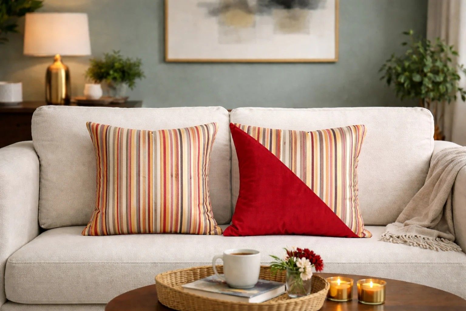Contemporary Cushion Cover Combo Set of 2 | Coral Stripe And Solid Stripe Pattern | velvet | 16" X 16"