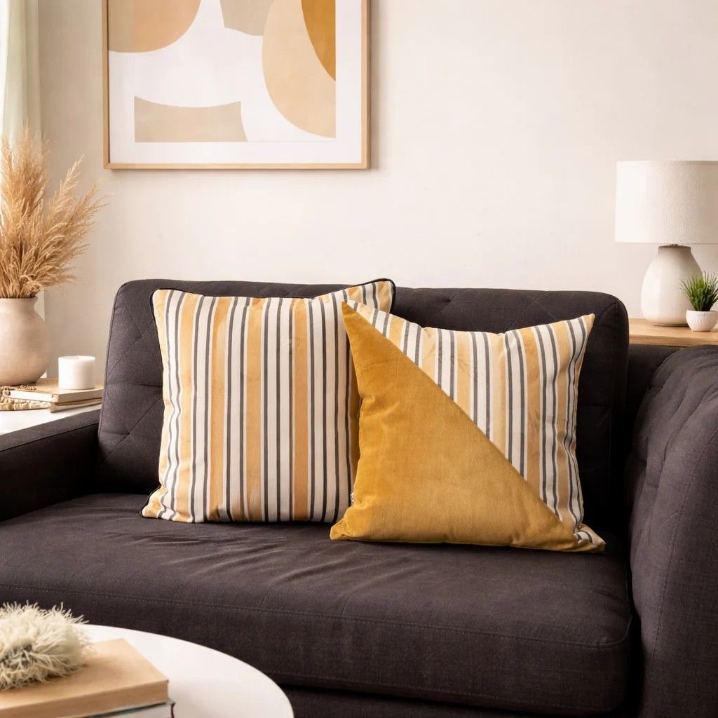 Contemporary Cushion Cover Combo Set of 2 | Mustard Stripe And Solid Stripe Pattern | velvet | 16" X 16"