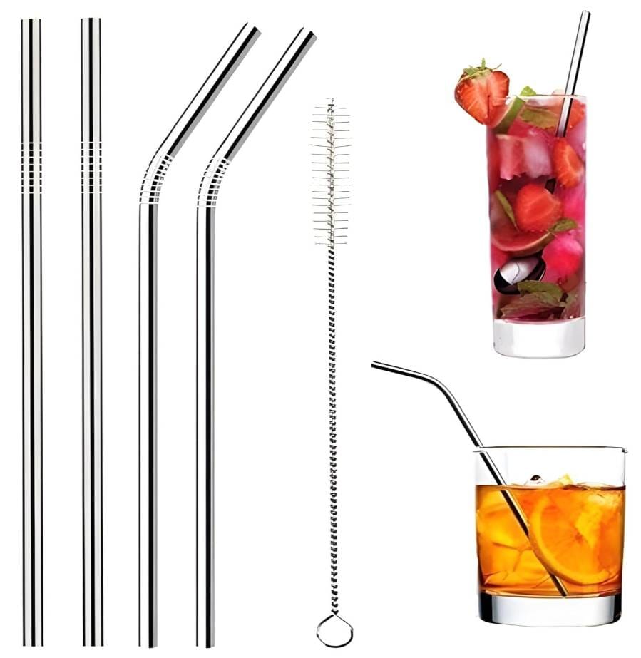 Stainless Steel Straws with Cleaning Brush for Kids & Adults | Bent Reusable Metal Straws (Pack of 2 Straight & 2 Bent Reusable Metal Straws, Silver)