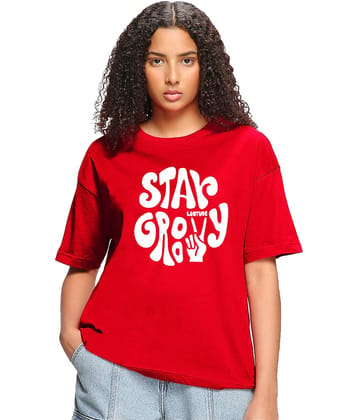 Leotude Women Cotton Blend Printed Oversized Fit Round Neck T-Shirt ( Red )