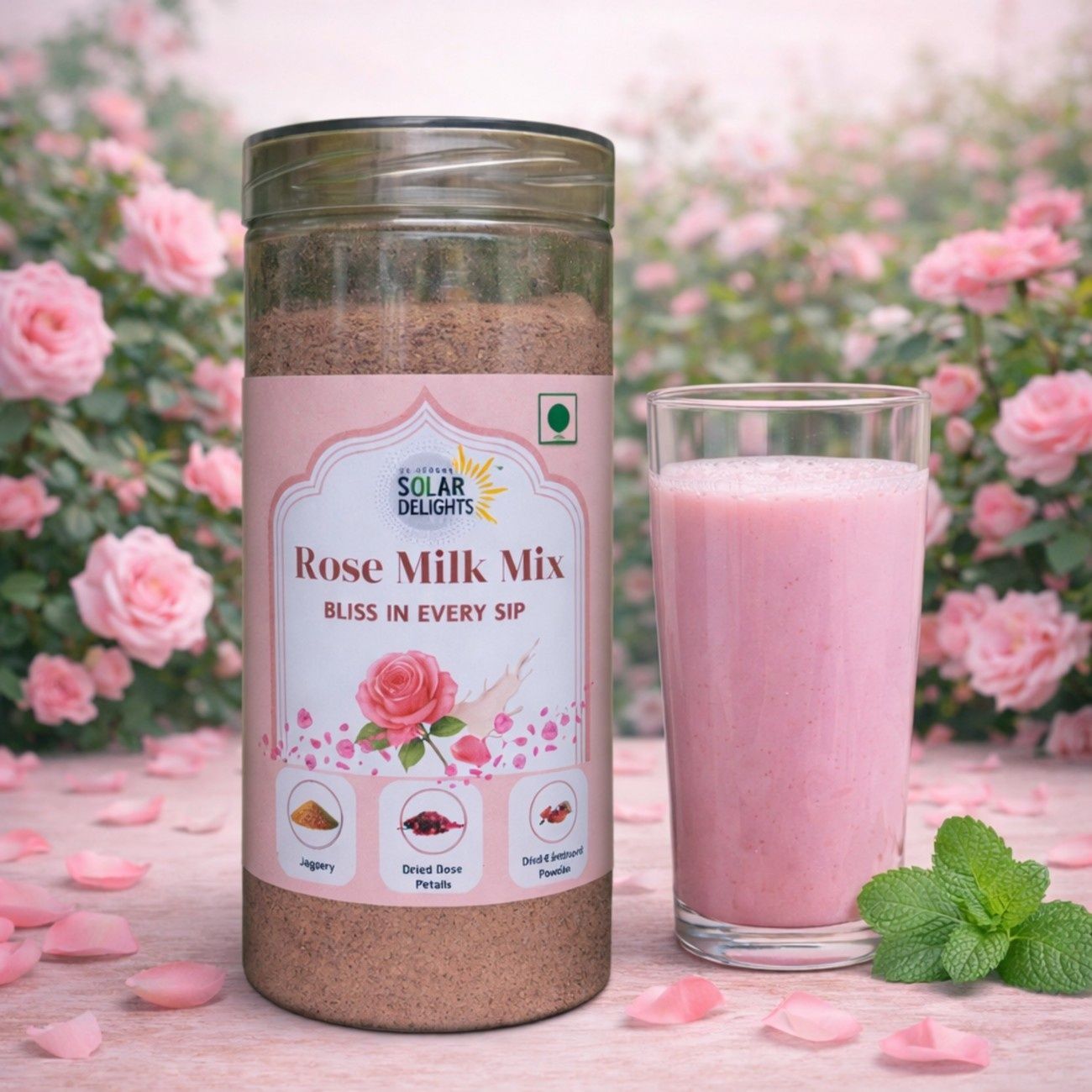 DR. RENGA'S SOLAR DELIGHTS Sugar Free Rose Milk Mix | Sweetened with Nattu Sakkarai (Jaggery) | Traditional Rose Milk Essence Powder | 400g