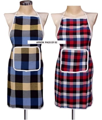 CreadCraft Cotton Checks Kitchen Apron with 1 Center Pocket ( Pack of 2 )
