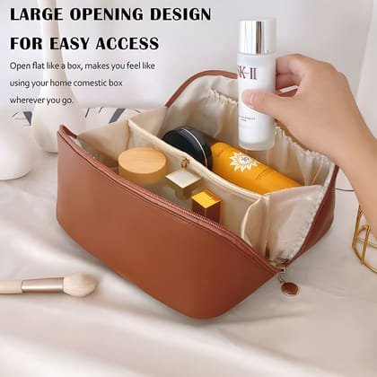Premium Quality Genuine Leather Large Capacity Cosmetic Travel Bag for Women | Premium Leather Makeup Organiser with Handle & Divider | Wide Opening Vanity Storage Bag for Travel & Daily Use