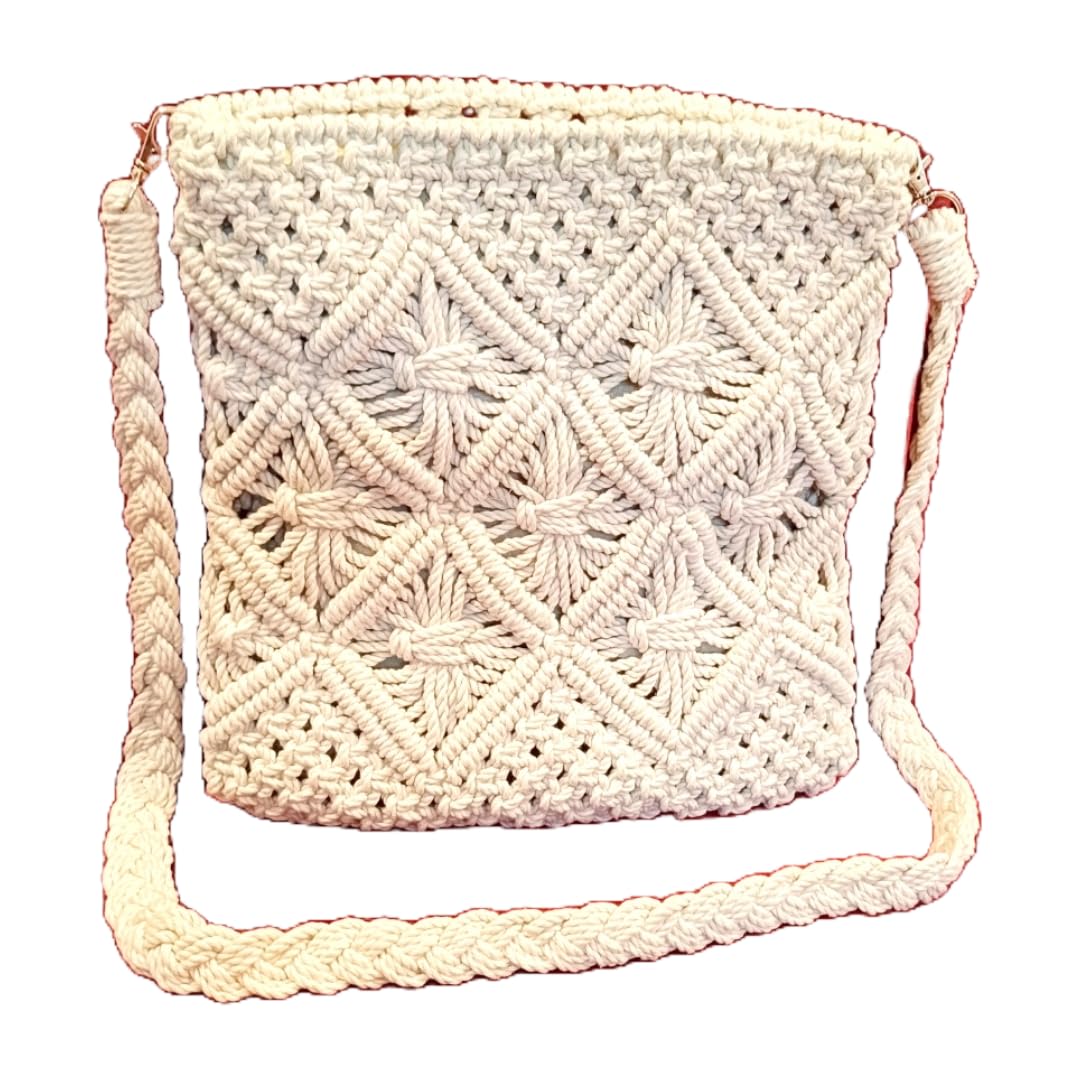 Handmade Macrame Tote Bag � Off-White Unisex Cotton Handbag with Detachable Strap � Ideal for Office, College & Daily Outings