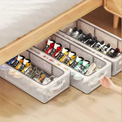 Foldable Storage Box for Clothes & Shoes | Transparent PVC Nylon Organizer with Lid, Front & Top Zippers, Metal Frame Handles | Large Wardrobe/Almirah Drawer Organizer, Washable Under-Bed Clothes Storage Bag