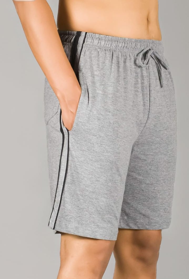 Mens Grey Cotton Blend Casual Sports Shorts with Side Stripes