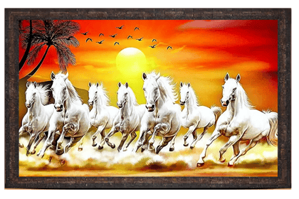 7 Running White Horses Sunset Framed Wall Painting, Vastu Art for Home Decor