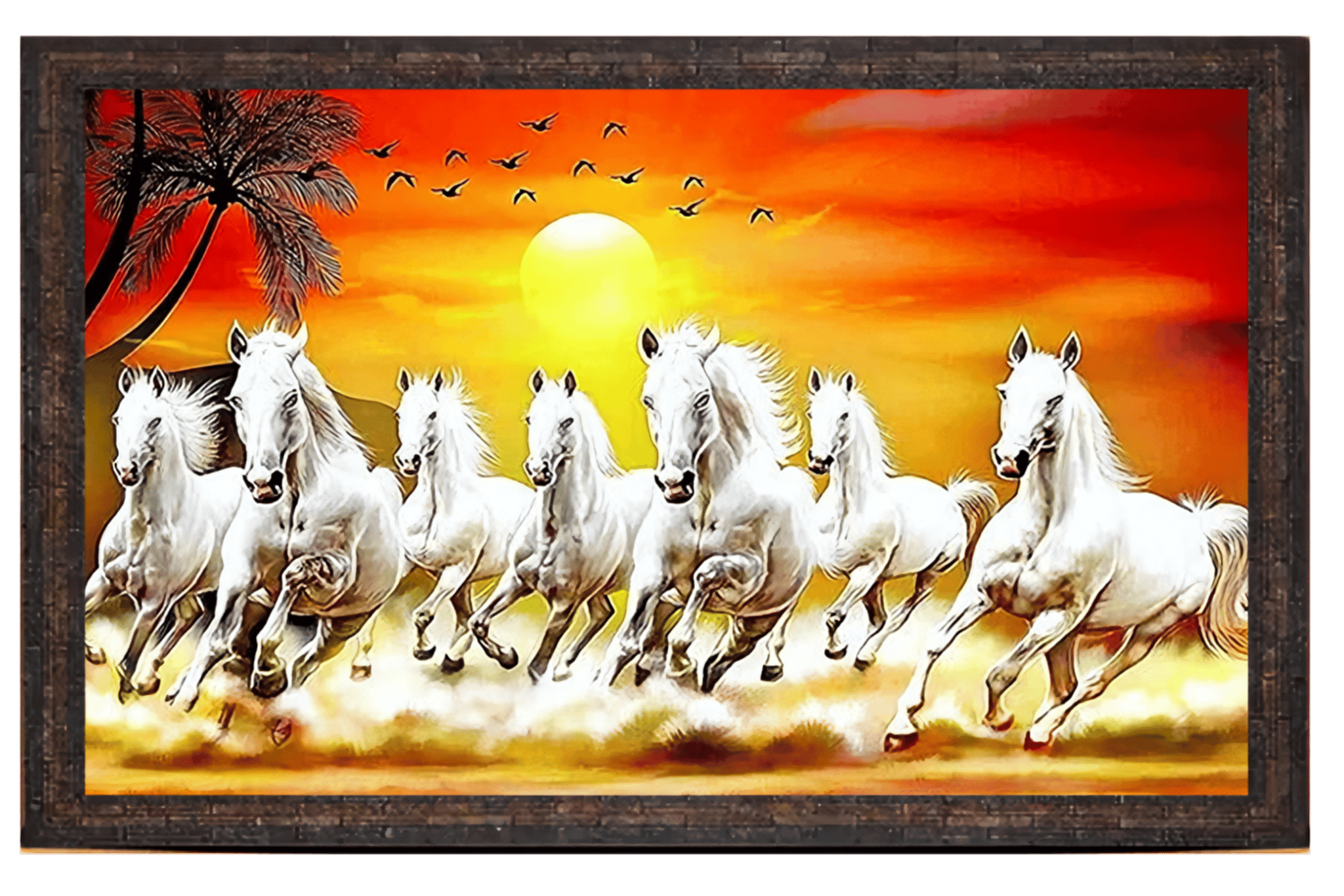 7 Running White Horses Sunset Framed Wall Painting, Vastu Art for Home Decor