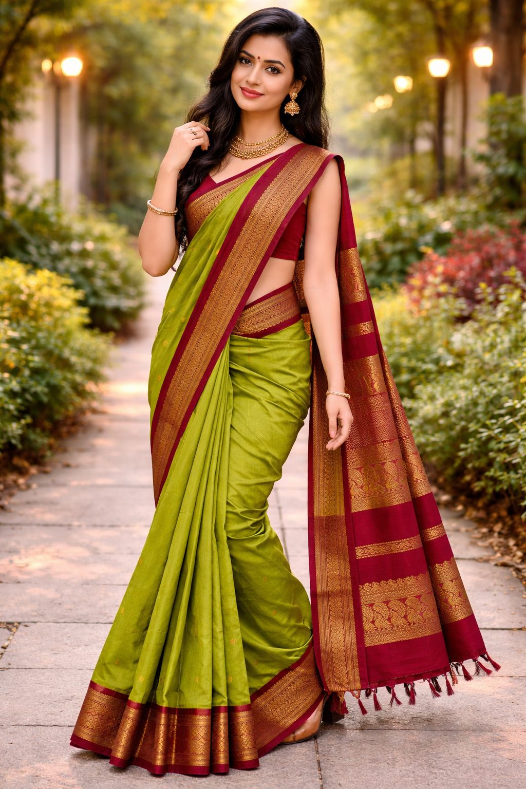 Olive Green and Maroon Silk Saree with Zari Border