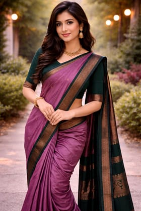 Elegant Purple Silk Saree with Dark Green Zari Border Elegant Purple Silk Saree with Dark Green Zari Border