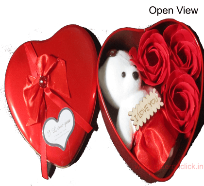 Heart Shaped Teddy Bear 3 Red Roses