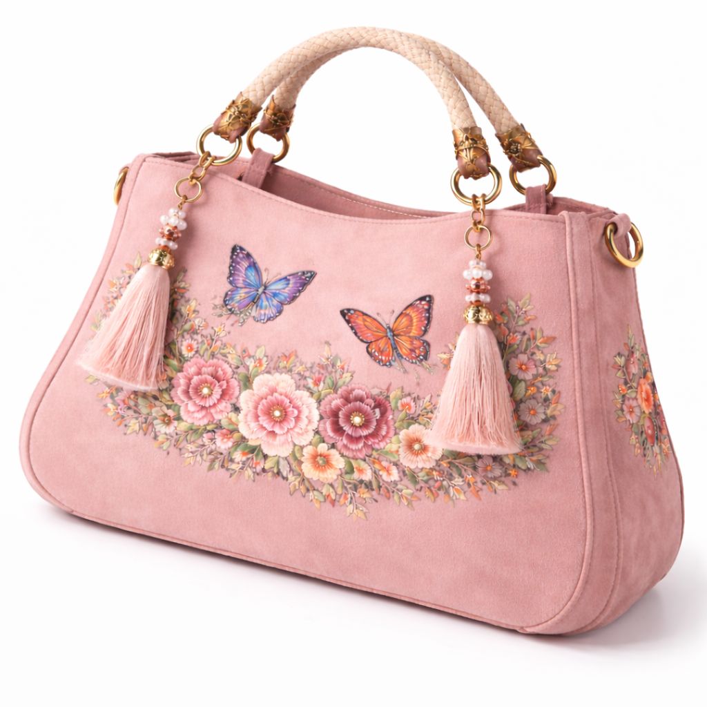 Floral Embroidered Suede Handbag with Butterfly Accents and Tassels