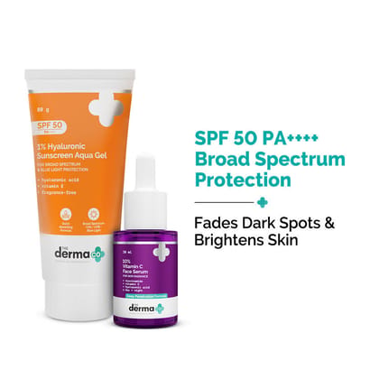 The Derma Co Hyaluronic Sunscreen & Vitamin C Serum Combo SPF 50+ for All Skin Types, Glowing Skin (80g + 30ml) The Derma Co Hyaluronic Sunscreen & Vitamin C Serum Combo SPF 50+ for All Skin Types, Glowing Skin (80g + 30ml)