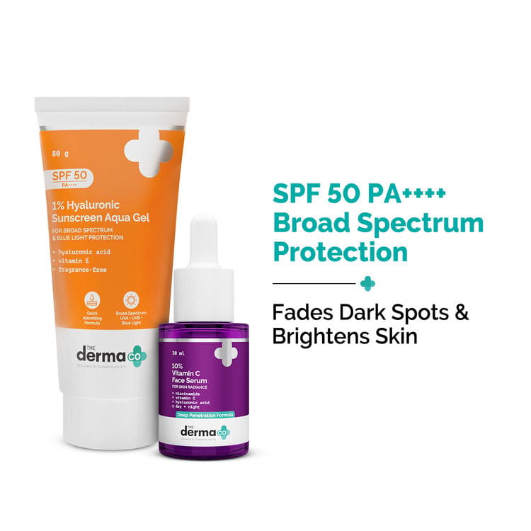 The Derma Co Hyaluronic Sunscreen & Vitamin C Serum Combo SPF 50+ for All Skin Types, Glowing Skin (80g + 30ml) 
