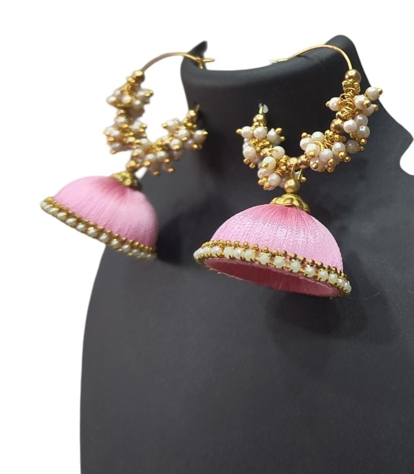 "Stunning Pink Silk Thread Jhumka Earrings with Pearl and Gold Beads for Women"
