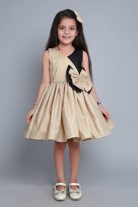 Colorblock Cotton Dress with Matching Clip  -Black & Beige-1-2Y / Beige