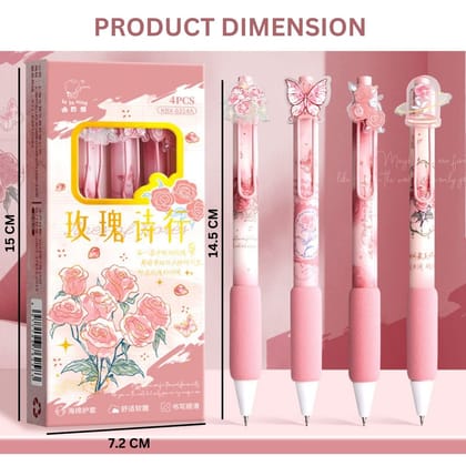 Rose Theme Gel Pen Set (Pack of 4) – 0.5mm Fine Tip Smooth Writing Pens with Cute Floral Design for School, Office & Journaling