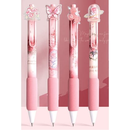 Rose Theme Gel Pen Set (Pack of 4) – 0.5mm Fine Tip Smooth Writing Pens with Cute Floral Design for School, Office & Journaling