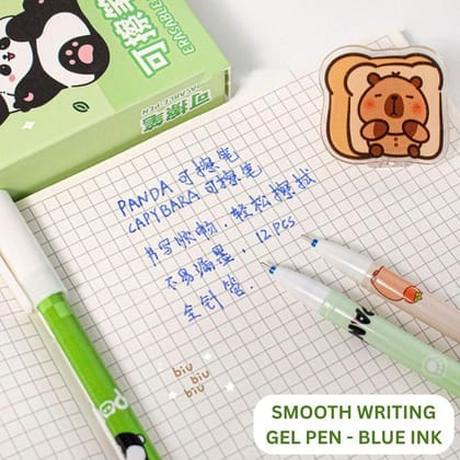 Cute Panda Erasable Gel Pen Set (Pack of 12) – Blue Ink 0.5mm Fine Tip Kawaii Pens with Eraser for School, Exams & Journaling