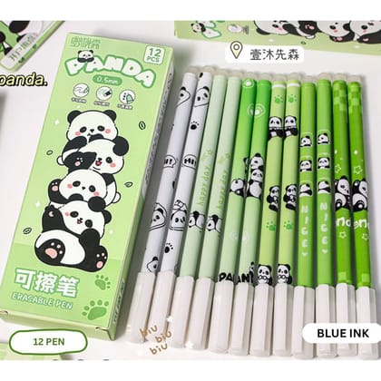 Cute Panda Erasable Gel Pen Set (Pack of 12) – Blue Ink 0.5mm Fine Tip Kawaii Pens with Eraser for School, Exams & Journaling