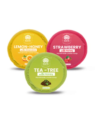 Kaaya Natural Strawberry, Tea Tree, Lemon With Honey Handmade Loofah Soap – 100 Gm | Pack of 3