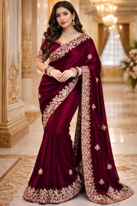 Royal Wine Velvet Embroidered Saree