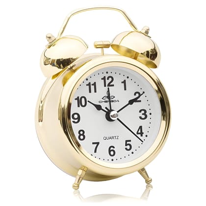 Glossy Golden Twin Bell Metal Alarm Clock with Night LED Light – Loud Alarm Clock for Heavy Sleepers | Classic Brass Table Clock for Students, Kids Bedroom & Study Table