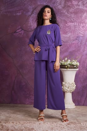 Purple top and palazzo set with evil eye hand embroidery-L