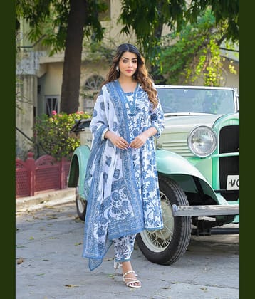 Divena Cotton Printed Kurti With Pants Women's Stitched Salwar Suit - Blue ( Pack of 1 )