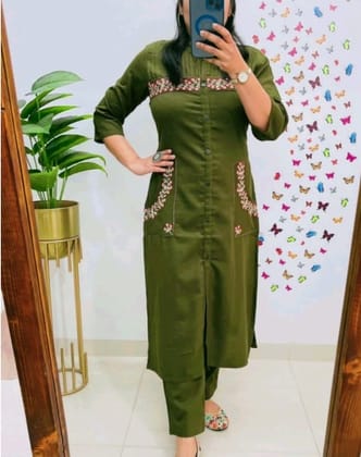 Women Olive Green Embroidered Kurta and Pant Set