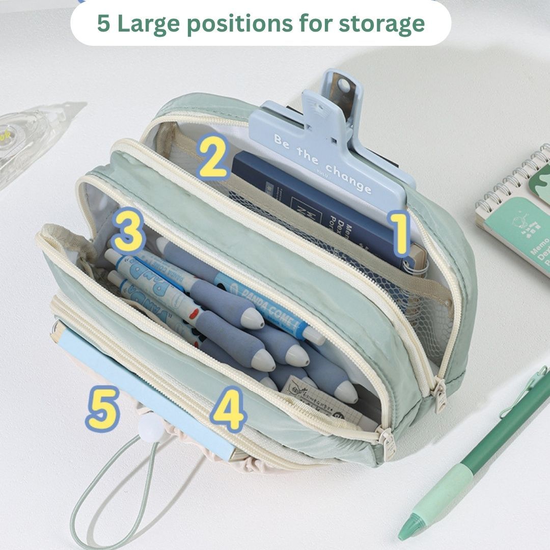Large Capacity Pencil Pouch with 5-Layer Storage – Woven Fabric Pencil Case with Mesh Compartments & Adjustable Drawstring Pocket, Multi-Compartment Organizer for School & Office (Blue)