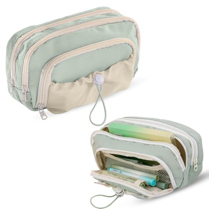 Large Capacity Pencil Pouch with 5-Layer Storage – Woven Fabric Pencil Case with Mesh Compartments & Adjustable Drawstring Pocket, Multi-Compartment Organizer for School & Office (Blue)