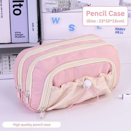 Large Capacity Pencil Pouch Pink – 5-Layer Storage Woven Fabric Pencil Case with Mesh Compartments & Adjustable Drawstring Pocket, Multi-Compartment Organizer for School & Office