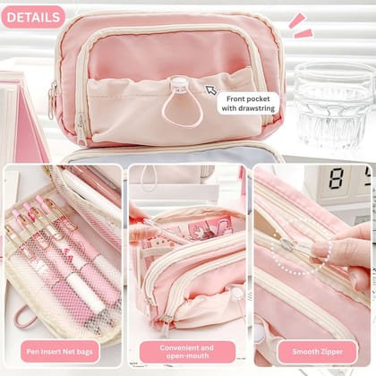 Large Capacity Pencil Pouch Pink – 5-Layer Storage Woven Fabric Pencil Case with Mesh Compartments & Adjustable Drawstring Pocket, Multi-Compartment Organizer for School & Office