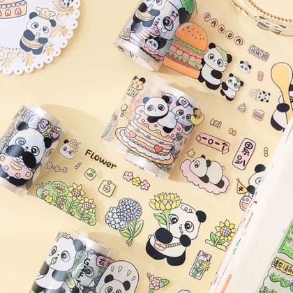 Cute Panda Kawaii Washi Stickers Set – 4 Roll Sheets Cartoon Japanese Stickers, Self-Adhesive Decorative Stickers for Journaling, Scrapbooking, DIY Crafts & Kids